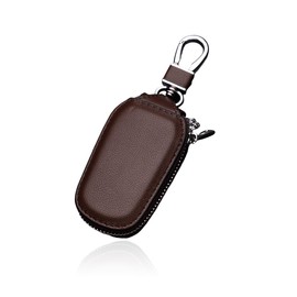 Wevdn Car Key Case, Genuine Leather Auto Smart Key Fob Holder with Metal Hook, Anti Scratch Automotive Key Protector Key Chain Zipper Bag for Remote Key Fob, Car Accessories (Coffee)