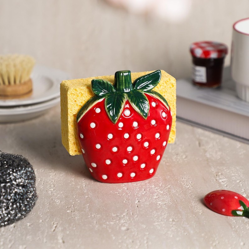 Bicuzat Ceramic Red Strawberry Shape Sponge Holder for Kitchen Sink,