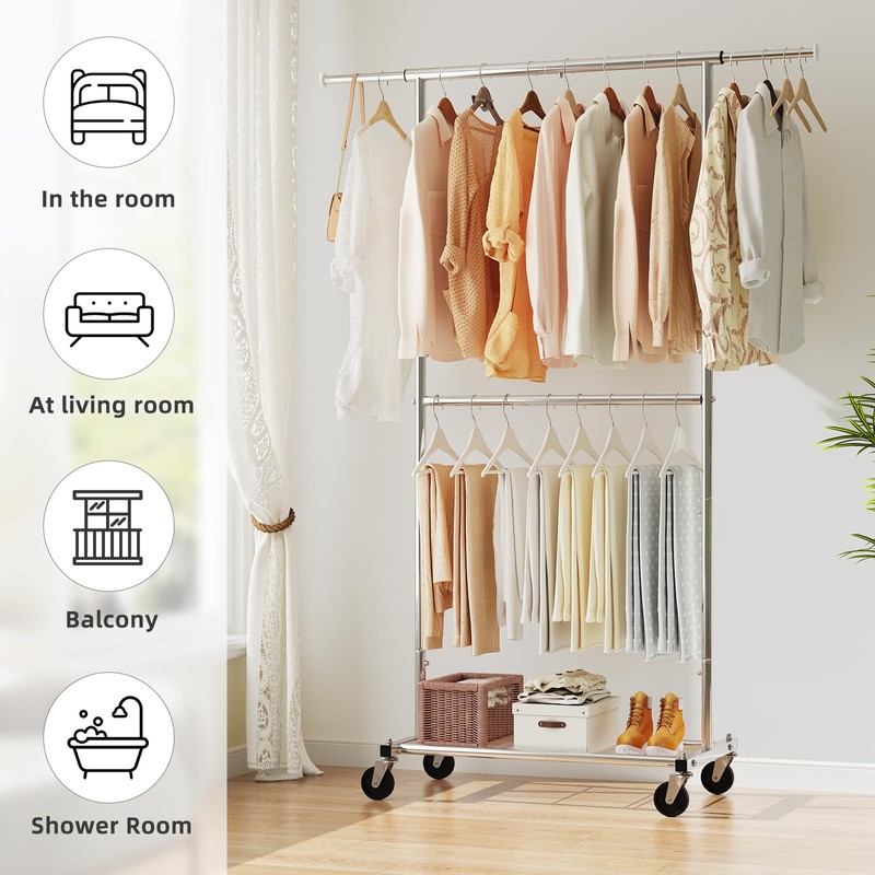 Simple Trending Standard Clothing Garment Rack, Rolling Clothes Organizer with