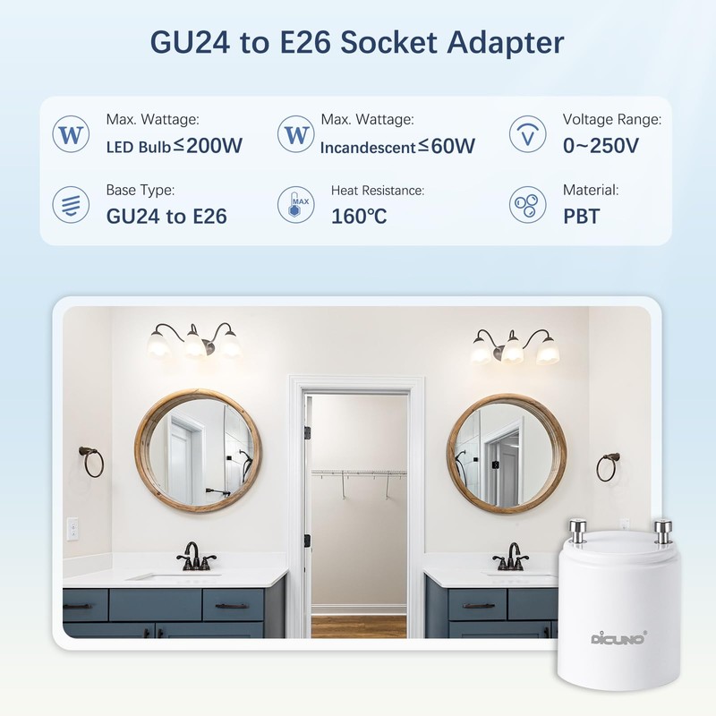 DiCUNO GU24 to E26 Adapter, 160℃ Heat Resistant, Maximum Wattage