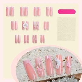 Long Press on Nails Square Fake Nails French Tip False Nails Pink Artificial Nails with Flowers Designs Stick on Nails for Women 24pcs