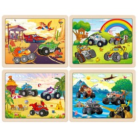 SYNARRY Large Wooden Monster Truck Puzzles for Kids Gift Box(12.2*9.4 in) - FSC Certified, 24 Piece Puzzles for Toddlers 2-4, Wood Puzzles for Kids Ages 4-6, Toys Gifts for 3 4 5 6 Year Old Boys Girls