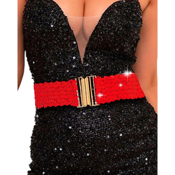 Bemous Red Waist Elastic Cinch Belt Green Sequin Elastic Belt