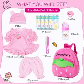 11 Pcs Reborn Baby Doll Clothes Pink Outfits Accessories with Backpack for 16-18 Inch Babydoll Reborn Doll Clothes Girl Newborn Baby Cute Clothing Set