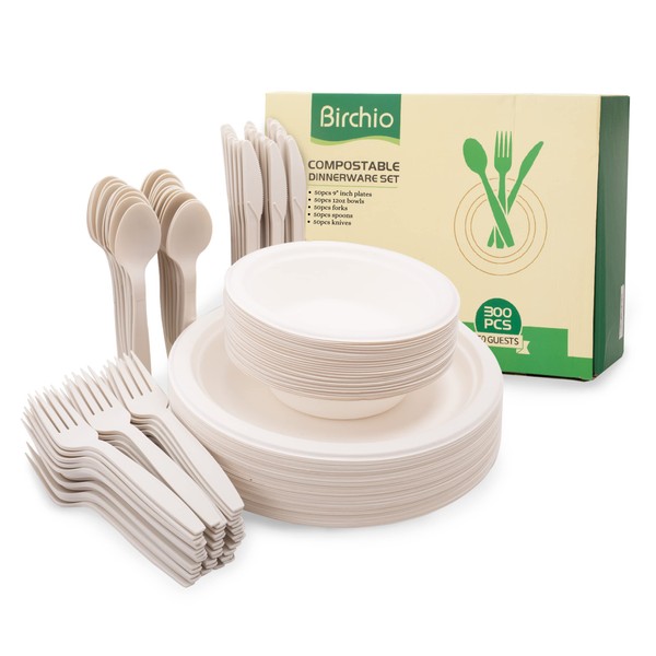 250 Piece (50 Sets) Biodegradable Paper Plates Set (EXTRA LONG UTENSILS), Disposable Dinnerware Set, Eco Friendly Compostable Plates & Utensil include Plates, Bowls, Forks, Knives and Spoons