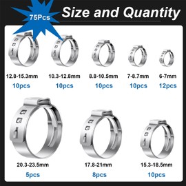 mxuteuk Pack of 75 304 Stainless Steel Single Ear Hose Clamps 6-23.5 mm Crimp Hose Clamps Assortment Kit Perfect for Automotive/Home Appliance/Water Pipe and Fuel Line Continuous Hose Clamp