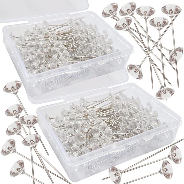 200pcs Corsage Boutonniere Pins 2 Inch Bouquet Flower Floral Diamond Rhinestones Pins Crystal Head Clear Straight Pins for Wedding Bridal Hair Accessories Jewelry Decoration DIY Craft Sewing