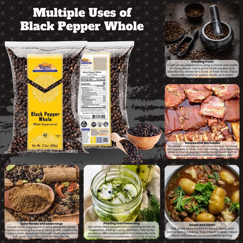 Rani Black Pepper Whole (Peppercorns), Premium MG-1 Grade 3.5oz (100g)