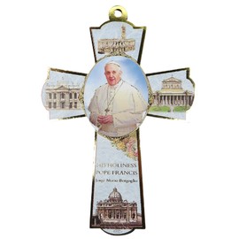 Needzo Full Color Pope Francis Wood Wall Cross with Gold Trim, Christian Decor Gifts for Women and Men, 6 Inch
