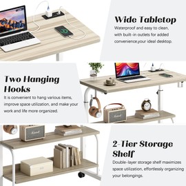 SogesHome 31.5 inches Adjustable Table Mobile Bed Table Portable Laptop Computer Stand Desks with Rolling Wheels, Three-Hole Sockets and USB Ports，Maple