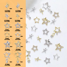 60 Pcs Nail Star for Acrylic Nails, Silver Starlight Nail Charms with Rhinestones, 3D Alloy Nail Jewels Decorations for Women Girls DIY Craft Jewelry Making Accessories (60 Pcs Gold + Silver)