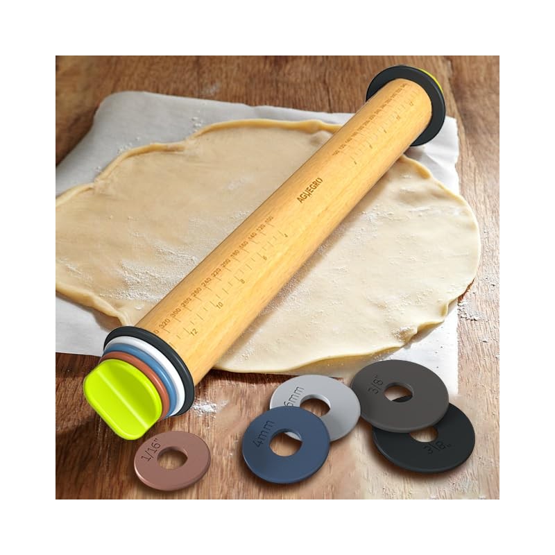 Aguegro Rolling Pin with Adjustable Thickness Ring, Dough Thickness for