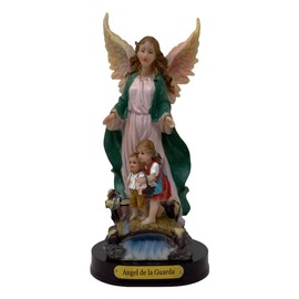 Angel De La Guarda Con Niños 8", Guardian Angel with Kids Resin Statue Figurine, New
