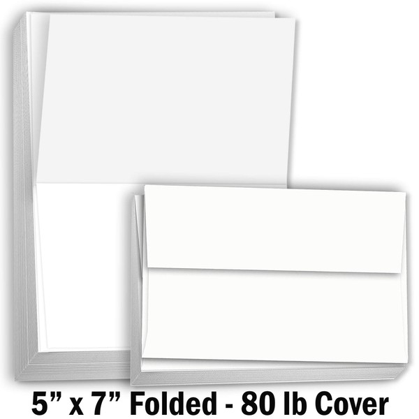 Hamilco Card Stock Folded Blank Cards with Envelopes 5x7 - Scored White Cardstock Paper 80lb Cover - 100 Pack