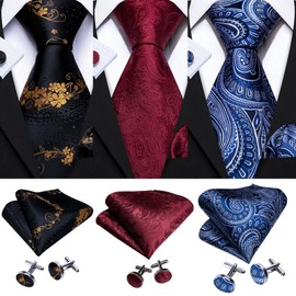 Barry.Wang 6 PCS Men Ties Set Silk Business Fashion Woven Necktie Handkerchief Cufflinks Paisley Stripe Wedding Party