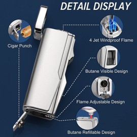 Kantion 4 Jet Flame Torch Cigar Lighter - Refillable Butane, Windproof With Punch & Holder - Gift for Men Women (Bright Silver, Without Gas)