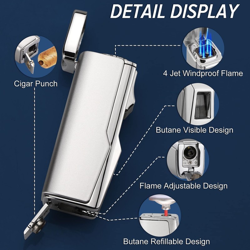 Kantion 4 Jet Flame Torch Cigar Lighter - Refillable Butane,