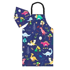Athbavib Children's Apron, Comic Style Dinosaur Apron, Adjustable Apron for Kids, 47.2 - 55.1 inches (120 - 140 cm), Waterproof Cotton, For Boys and Girls, Kindergarten, Elementary School Students,
