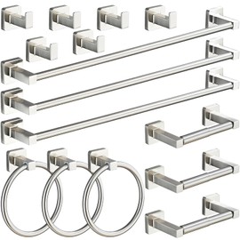 Gisafai 15 Pcs Bathroom Hardware Set, Towel Bar Set Stainless Steel Bathroom Accessories 23.6/16 Inches Towel Bar Ring Robe Hooks Toilet Paper Holder Wall Mounted (Silver)