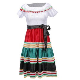 GOBWCOT Mexican Dress For Girls Cinco de Mayo Dresses Traditional Folklorico Dance Skirt With Wreath Necklace Festival Costume
