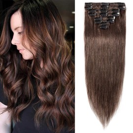 S-noilite Clip in Human Hair Extension 8Inch 18 Clips Short Clip in Hairpieces 45g 8 Pieces Thin Remy Hair For Women With Thin Hair Add Hair Volume Medium Brown