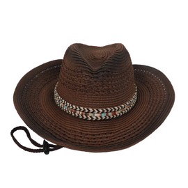 TINAYAUE Men Women Cowboy Cowgirl Hat Retro Brown Western Straw Hats Hollow Jazz Sun Hat Outdoor Breathable Fancy Dress Cap