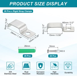 sourcing map 20Pack Rigid Pipe Strap Fit for 5x15mm Strip/Cable, Stainless Steel U Shape Cable Strap Clamp with 1 Hole for Conduit, Wire, Cord, Pipe Fixing