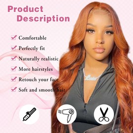 MYQUEEN Ginger Wig 26 Inch Long Wave Wig for Women Synthetic Lace Front Wigs Natural Looking Middle Part Orange Curly Wavy Wig for Party Holloween Cosplay