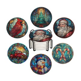 LOKMU Coasters for Drinks,Round Absorbent Ceramic Stone Coaster Sets of 6 with Metal Holder Stand,Colorful Stained Glass Christmas Coasters with Cork Base for Coffee Wooden Table,Housewarming Gifts