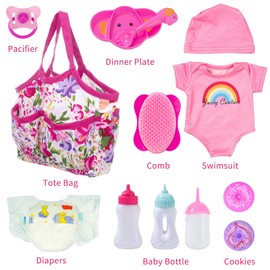 Ecore Fun 13 Piece Baby Accessories - Doll Feeding & Caring Set Includes Diaper Bag, Clothes, Diapers, Baby Bottles, Dinner Plate, Pacifier, Comb - Pretend Play Set for Toddlers & Kids
