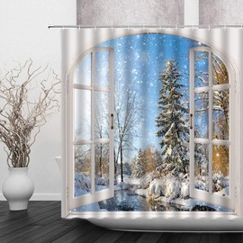 Jingjiji Winter Shower Curtain Snow Scene Snowflake World Forest Tree Pine Natural Scenery Wooden Window Bathroom Decoration Curtains Polyester Fabric Waterproof with Hook 70 x 70 Inch