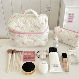 Aucuu 3PCS Coquette Makeup Bag, Quilted Makeup Bag for Women, Floral Cotton Cosmetic Bag Set, Large Capacity Aesthetic Floral Toiletry Bag, Travel Toiletry Bag, Wash Organizer Pouch for Women Girls