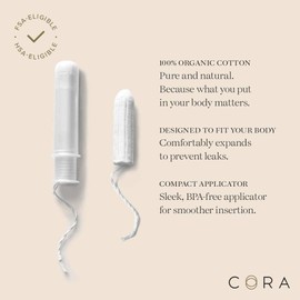 Cora Organic Tampons | Light/Regular Absorbency Variety Pack | 100% Cotton Core, Unscented with BPA-Free Applicator | Leak Protection, Easy Application | Non-Toxic, Hypoallergenic (36 Count)