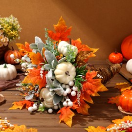 Knitgrip Fall Table Cornucopia Centerpiece Autumn Table Centerpiece Pumpkin Maple Leaves Harvest Cornucopia Basket Decoration for Fall Thanksgiving Dining Decor(Green)