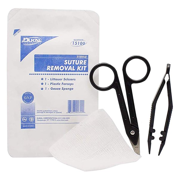 Dukal Single Use Suture Removal Kit. Sterile Suture Removal Trays. Extra Protection Against Cross Infection. Sterile Scissors, Suture Forceps and Gauze Pad. Disposable Suture Removal Pack.