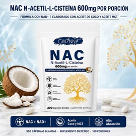 Gwynne NAC N-Acetil-L-Cisteína 600 mg 300 Cápsulas,con dinucleótido de adenina y nicotinamida, propiedades antioxidantes,favorece las defensas