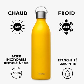 Qwetch - Matt Insulated Flask Active Yellow Curry 1 Litre - Drinking Bottle with Recycled Stainless Steel Handle - Cold for 24 Hours and Hot for 12 Hours - Waterproof, BPA Free & Compact