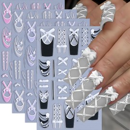 4Pcs Colorful Bow Lace Nail Art Stickers 5D Embossed Pearl Nail Decals Nail Stickers for Nail Art French Romantic Bow French Line Nail Design Nails Accessories Pearl Stripes Nails Supplies for Women