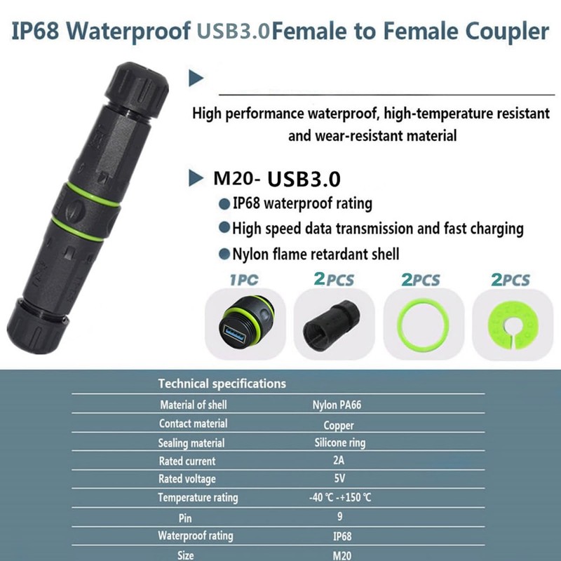 Cablecc IP68 Waterproof M20 Locking Type-A USB3.0 5Gbps USB-A Female