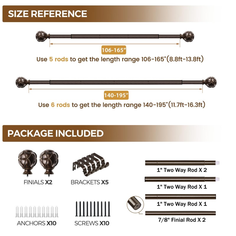 KAMANINA 1 Inch Extra Long Curtain Rod 140 to 195