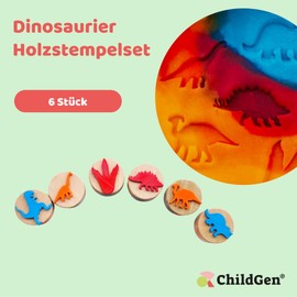 ChildGen Wooden Stamp, Dinosaur Set, 6 x Stamps, 100% Natural Wood Material, Gift Idea for Children, Kneading Tool, Kneading Accessories, Children's Toy, Toy
