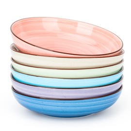 KitchenTour Ceramic Pasta Bowls - Large Salad Bowls Porcelain Serving Bowl Set 26 Ounce - 8 Inch Soup Bowl - Dishwasher and Microwave Safe - Set of 6, Assorted Warm Colors