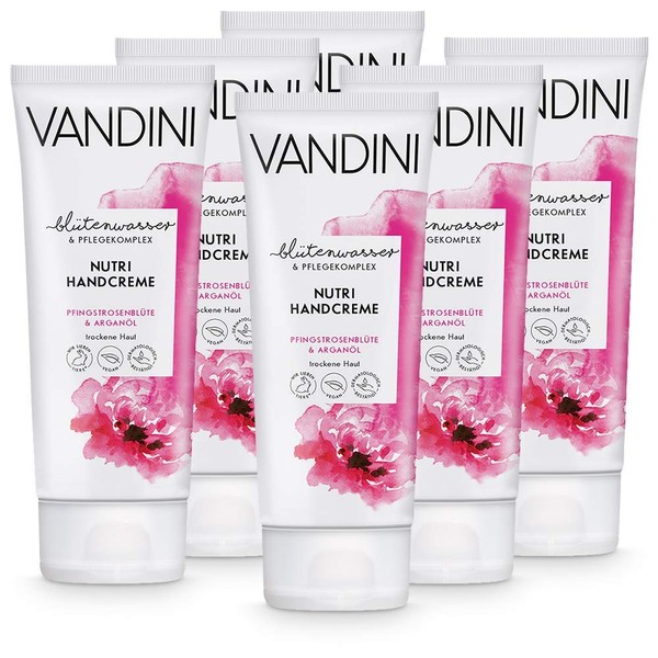 VANDINI Nutri Women's Hand Cream with Peony Blossom & Argan Oil - Hand Cream for Dry Skin - Vegan Hand Cream for Women without Silicones, Parabens & Mineral Oil (6 x 75 ml)