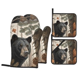 Bear Oven Mitts and Pot Holders Set of 4pcs Heat Resistant Non-Slip Oven Gloves Hot Pads for Kitchen Cooking Baking Grilling BBQ
