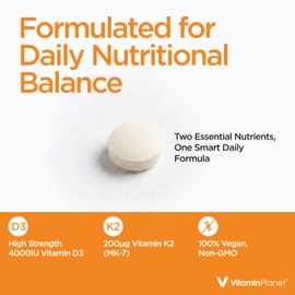 Vitamin Planet Vitamin D3 & K2 Tablets | 4000 IU D3 & 200mcg K2 as MK-7 | 365 Vegetarian Tablets | Easy to Swallow |1 Year Supply | Bones, Immunity & Muscle | Non-GMO - GMP Manufactured