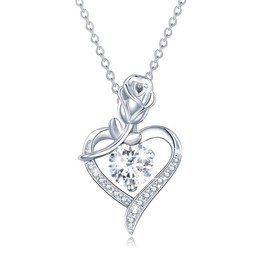 Moissanite Heart and Rose Pendant Necklace | Lab Grown 1.0ct Diamond & Platinum Plated Pendant | Sterling Silver Necklace for Women | Moissanite Necklaces for Women | Statement Piece | Non Tarnish
