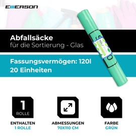 Emerson 20 Tear-Resistant Bin Bags, Extra Strong Waste Bags, Pack of 1, Green Rolls, 120 L Capacity 70 x 105 cm, Sturdy Bin Liners Made of Environmentally Friendly Recycled Film