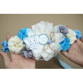 3 Pack Elephant Mom to Be Sash Daddy to Be Corsage Pins Flower, Baby Shower Sash, Maternity Sash Belly Belt Gift for Mommy Dad Elephant Baby Shower Decorations (Blue)