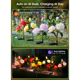 Brightown Outdoor Solar Garden Lights - 4 Pack LED Flower Lights with Realistic Rose, Bigger Solar Panel, Waterproof for Yard & Patio Decorations