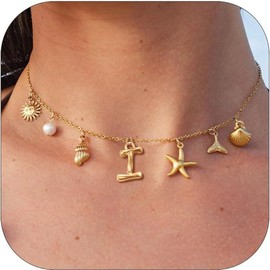 Initial Charm Necklaces for Women Girls 14K Gold Plated A-Z Letter Necklaces Shell Boho Summer Seashell Alphabet Choker Necklace Starfish Surfer Monogram Name Necklace Beach Jewelry Gifts (Gold-I)